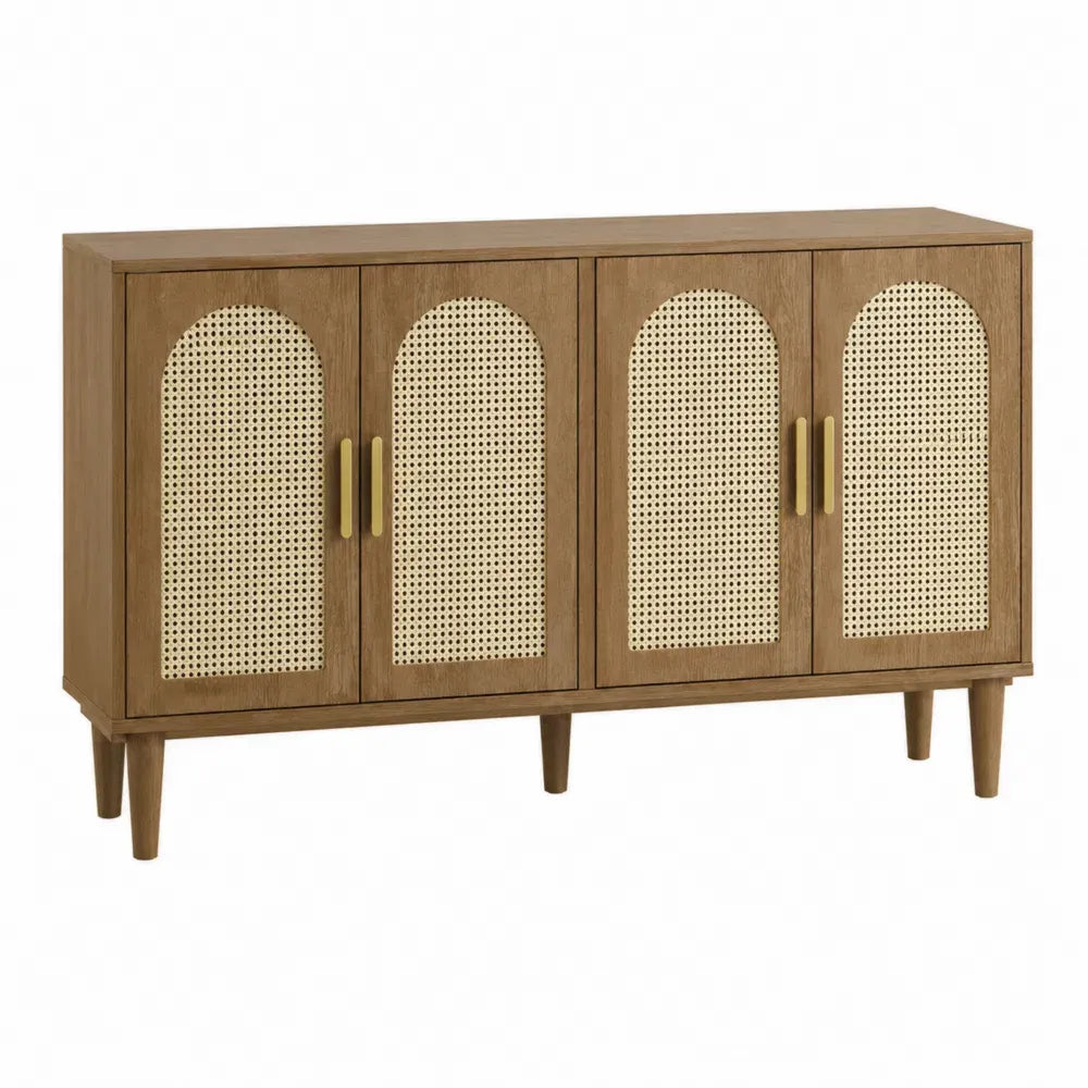 Aparador de comedor rectangular de MDF efecto roble con 4 puertas de rejilla de ratán y patas de madera 160 x 40 x 85 cm