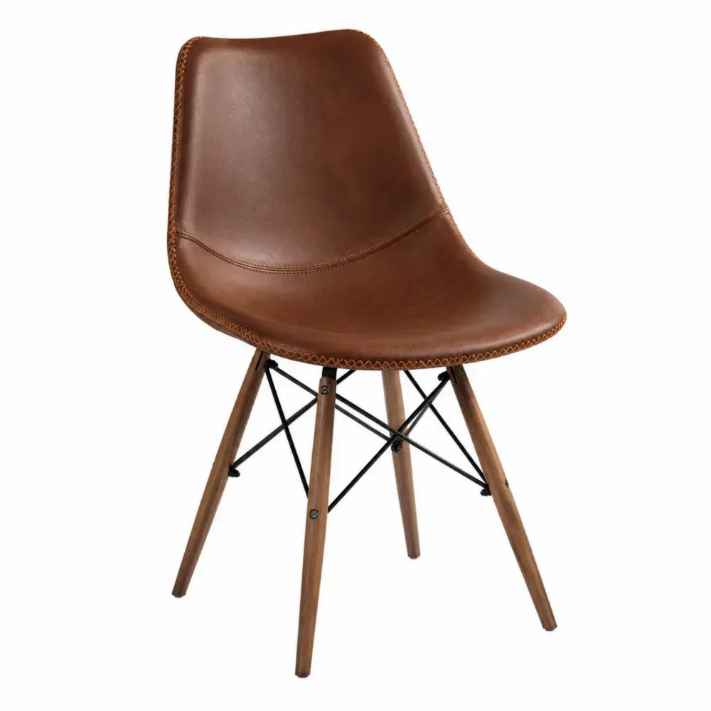Silla de comedor tapizada en piel sintética PU marrón con patas de madera y refuerzo metálico negro diseño moderno