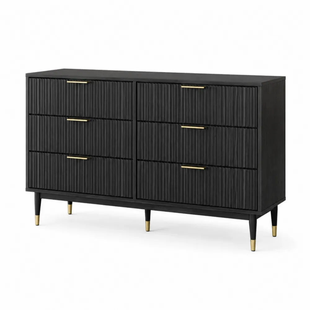comoda de seis cajones mdf negro ranurado estructura metal patas doradas 140 cm x 40 cm x 80 cm