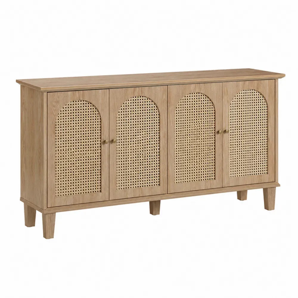Aparador de comedor de madera natural con 4 puertas arqueadas de rejilla tipo ratán estructura MDF patas de madera maciza