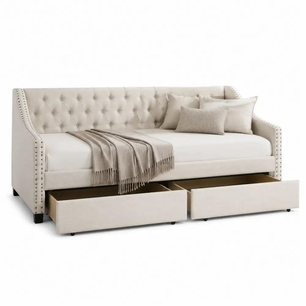 Cama diván tapizada rectangular con cajones tejido de poliéster beige MDF y metal 90 x 200 cm