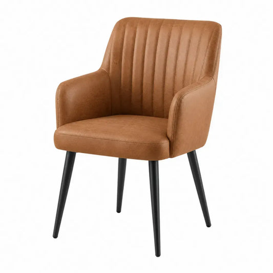 Silla de comedor tapizada en piel sintética PU marrón con patas metálicas negras estructura de acero diseño moderno