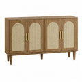 Aparador de comedor rectangular de MDF efecto roble con 4 puertas de rejilla de ratán y patas de madera 160 x 40 x 85 cm