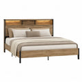 Cama de madera con cabecero con estante integrado y estructura metálica color madera natural y negro 160x200 cm 210 cm largo 170 cm ancho 110 cm alto