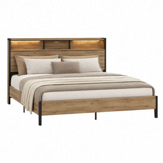 Cama de madera con cabecero con estante integrado y estructura metálica color madera natural y negro 160x200 cm 210 cm largo 170 cm ancho 110 cm alto