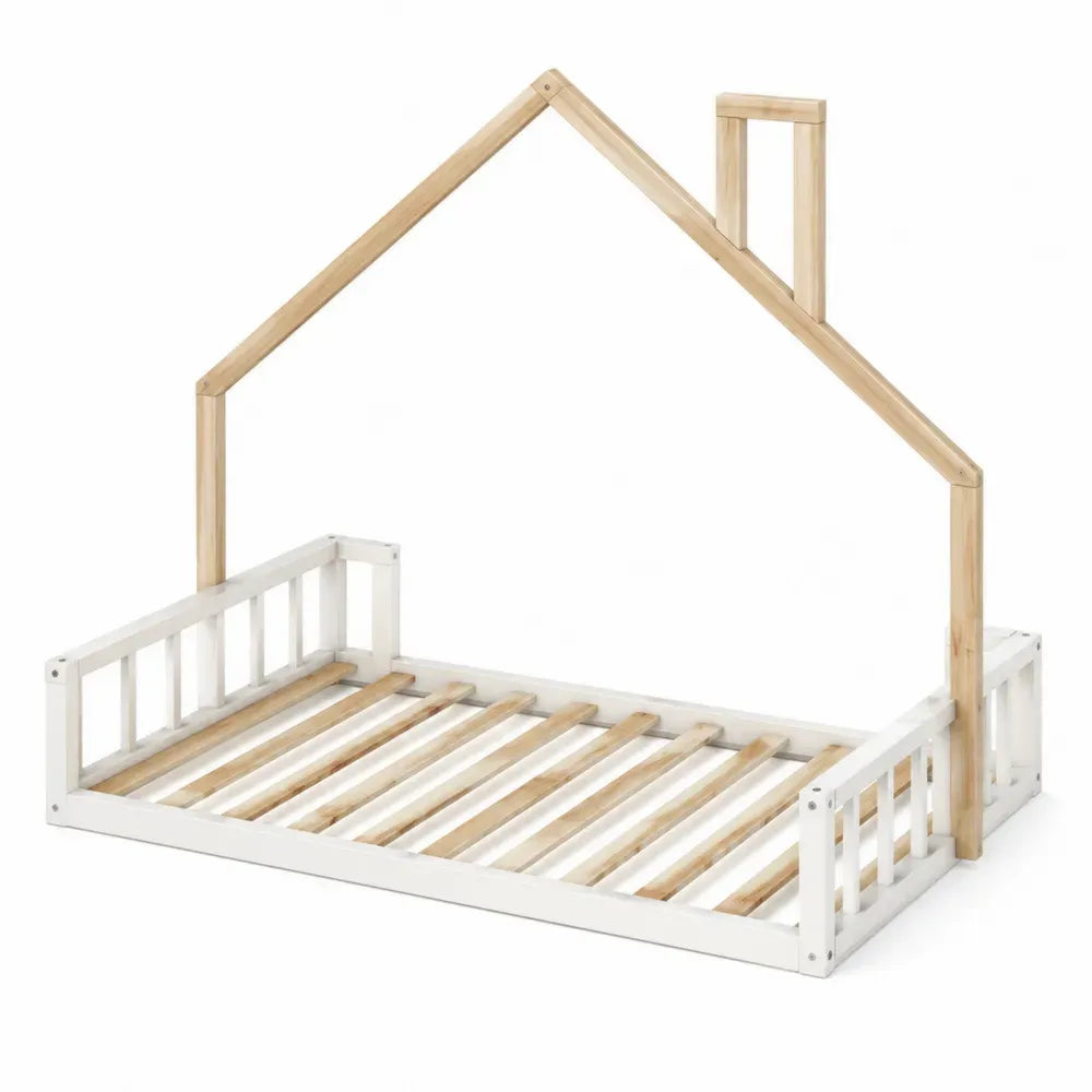 Cama infantil tipo casa rectangular de madera de pino blanco y madera natural 90 x 200 cm