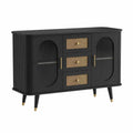 Aparador de comedor negro con puertas laterales y cajones centrales efecto ratán estructura MDF patas de madera con detalles dorados sin dimensiones especificadas