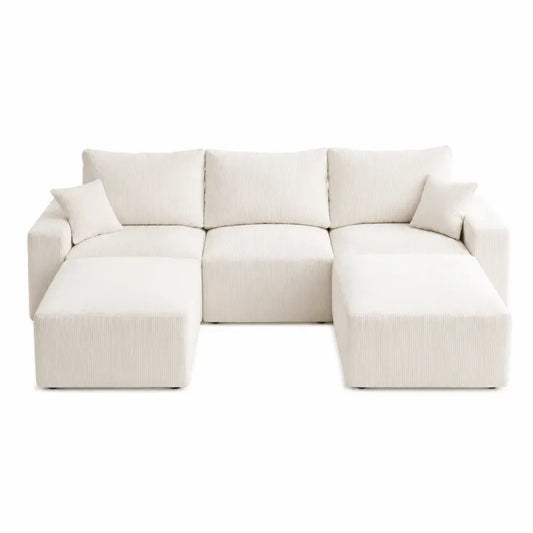 Sofá modular con doble chaise longue tapizado en tejido acanalado blanco roto 280 x 160 x 85 cm