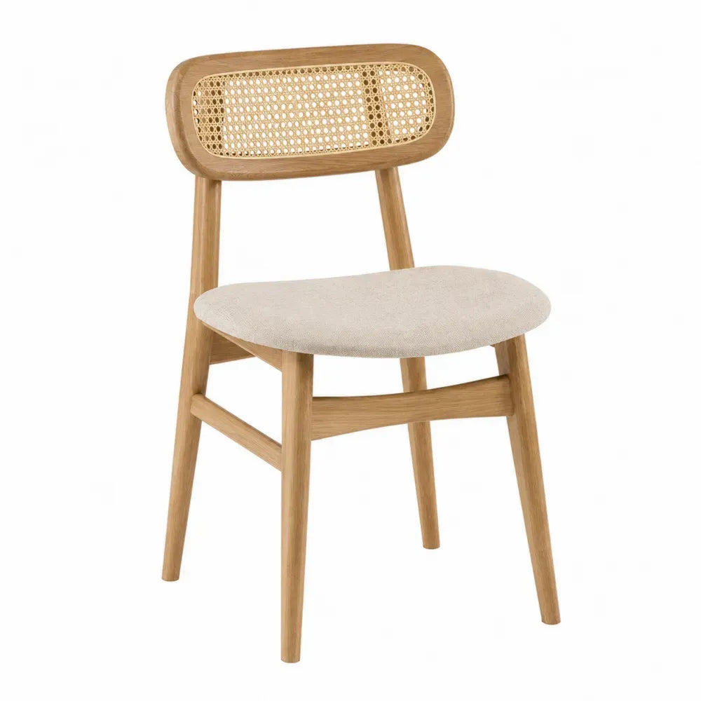 Silla de comedor con asiento tapizado beige respaldo de ratán y estructura de madera de haya natural 48 x 55 x 85 cm