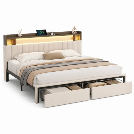 Cama rectangular con almacenaje cabecero tapizado estante LED estructura de madera y metal beige marrón negro 160 x 200 cm