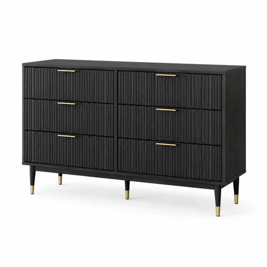 comoda de seis cajones mdf negro ranurado estructura metal patas doradas 140 cm x 40 cm x 80 cm