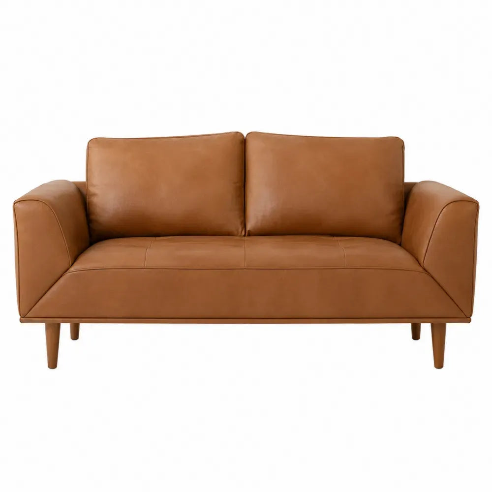 Sofá de 2 plazas tapizado en PU marrón cognac con estructura de madera y patas de madera 170 x 85 x 88 cm