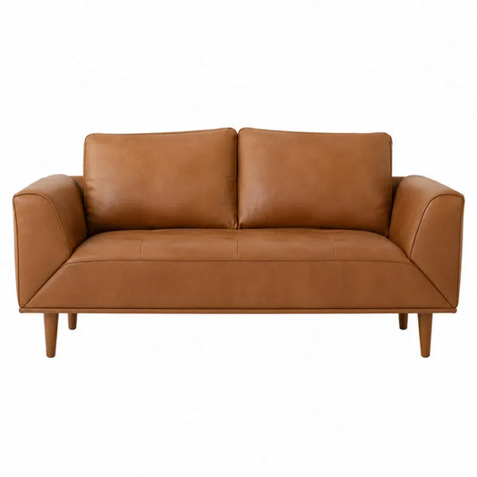 Sofá de 2 plazas tapizado en PU marrón cognac con estructura de madera y patas de madera 170 x 85 x 88 cm