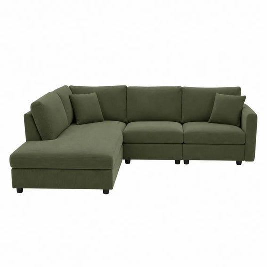 Sofá esquinero modular con chaise longue izquierda tapizado en tejido acanalado verde oliva 260 x 160 x 85 cm