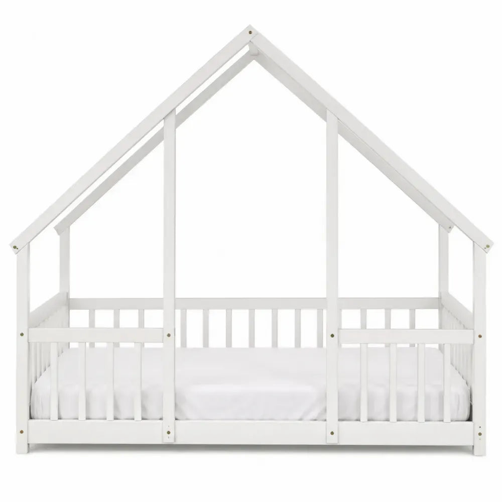 Cama infantil tipo casa rectangular de madera de pino blanca con barandillas 90 x 200 cm