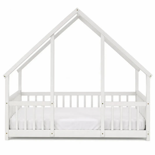 Cama infantil tipo casa rectangular de madera de pino blanca con barandillas 90 x 200 cm