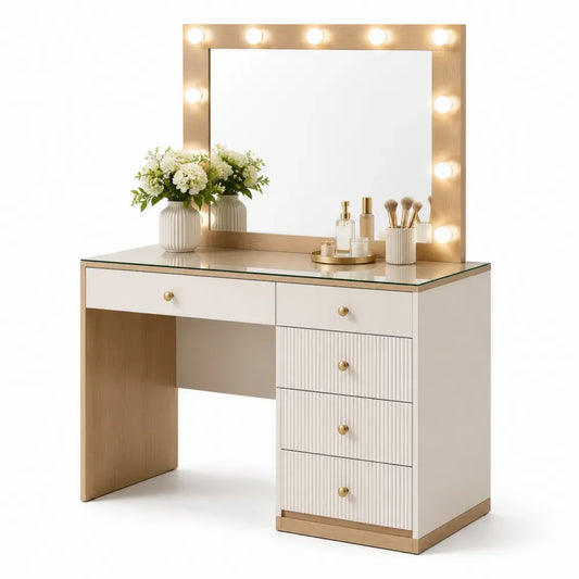 Tocador de maquillaje con espejo LED madera ingeniería blanco madera natural vidrio templado sin dimensiones especificadas cajones y superficie de vidrio