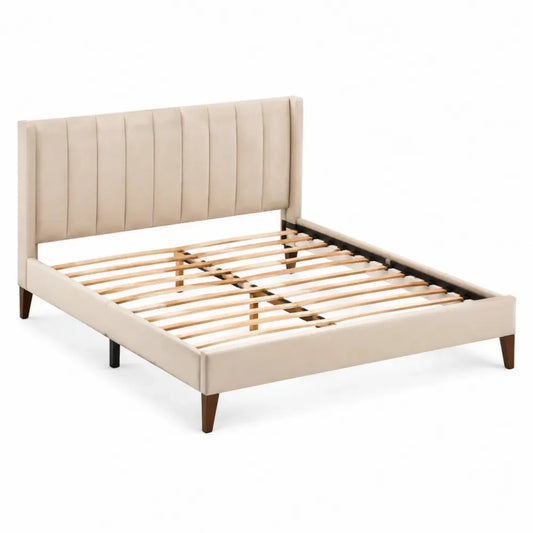 Cama tapizada beige de madera de ingeniería con somier de láminas y patas de madera cabecero acolchado 160x200 cm 210 cm largo 170 cm ancho 110 cm alto