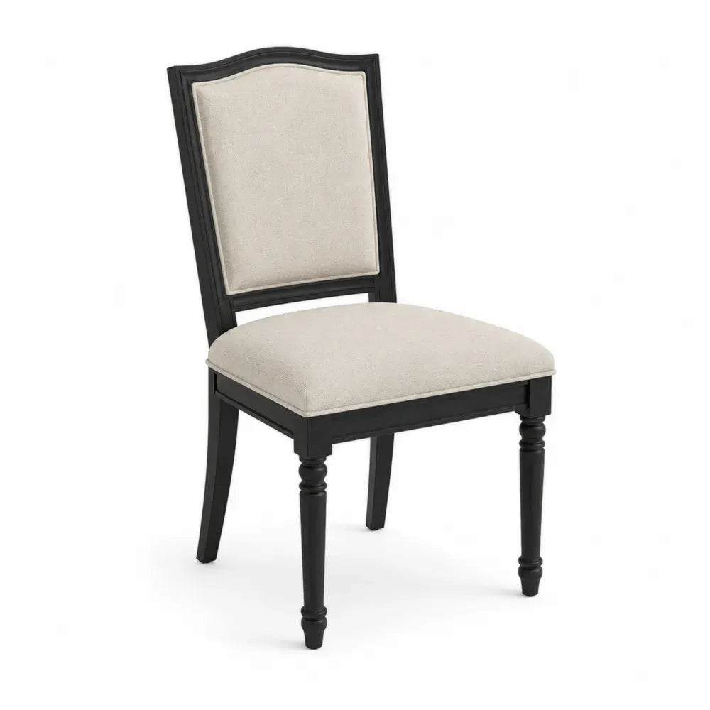 Silla de comedor tapizada en tela beige con respaldo alto estructura de madera negra y asiento acolchado 55 x 60 x 85 cm