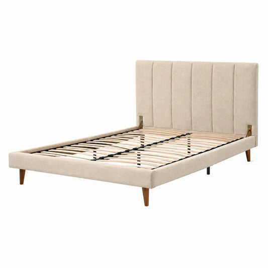 Cama tapizada rectangular con cabecero acolchado somier de láminas tela beige madera y metal negro 160 x 200 cm