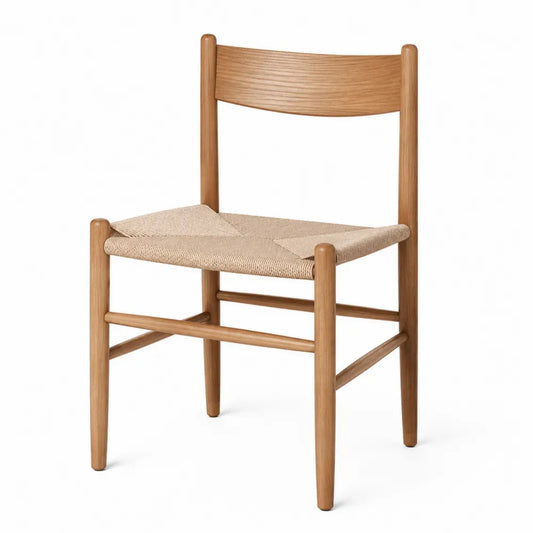 Silla de comedor de madera maciza de caucho natural con asiento trenzado beige y respaldo curvado 50 x 52 x 85 cm