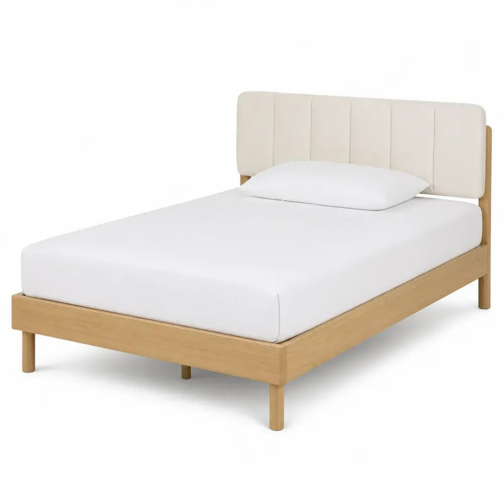 Cama individual rectangular con cabecero tapizado somier de listones madera de caucho beige y madera natural 90 x 200 cm