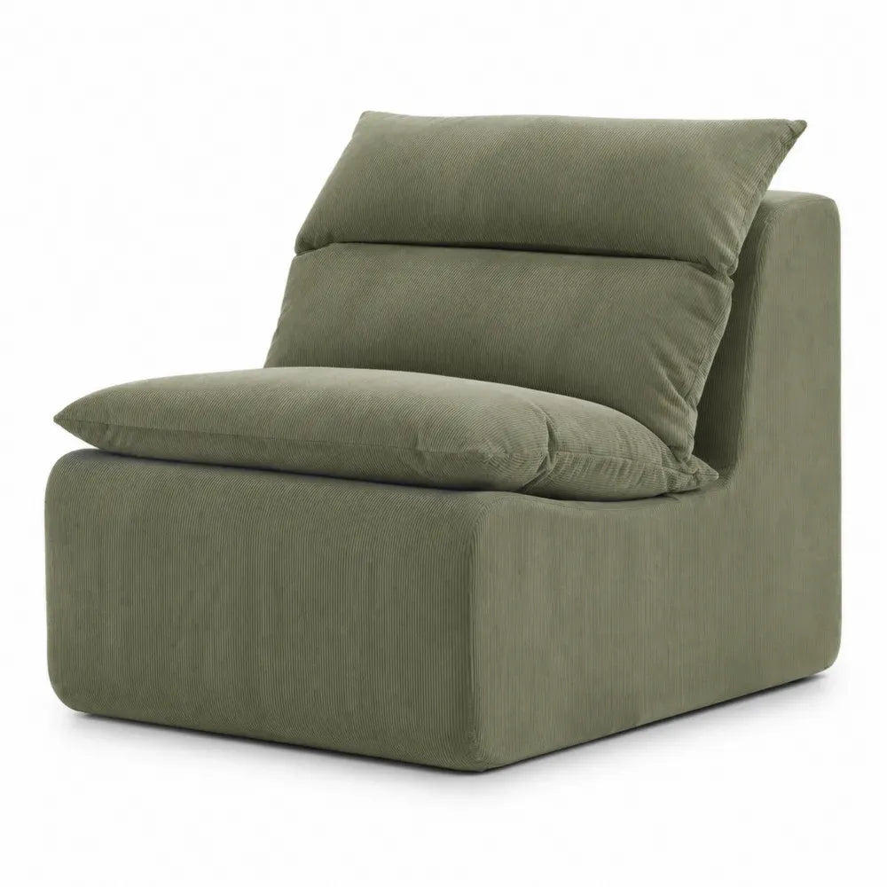 Sillón modular individual sin brazos tapizado en poliéster acanalado verde oliva con forma rectangular 100 x 105 x 85 cm
