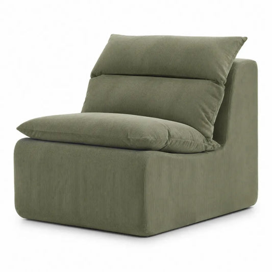 Sillón modular individual sin brazos tapizado en poliéster acanalado verde oliva con forma rectangular 100 x 105 x 85 cm