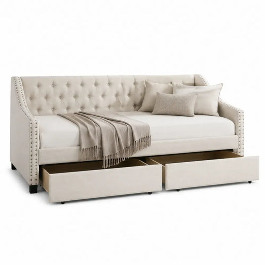 Cama diván tapizada rectangular con cajones tejido de poliéster beige MDF y metal 90 x 200 cm