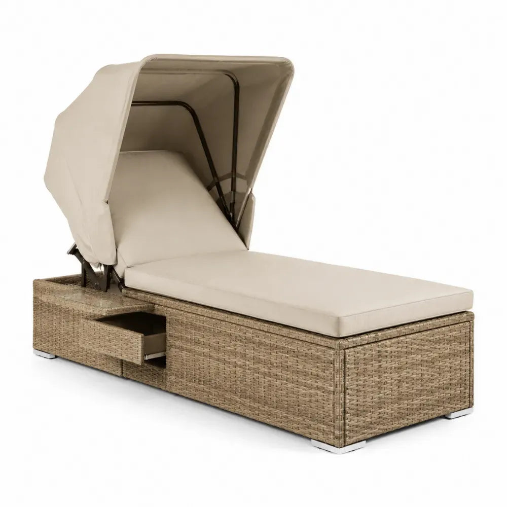 Tumbona de exterior con dosel ajustable ratán sintético PE beige y marrón claro con cajón 200 x 90 x 150 cm