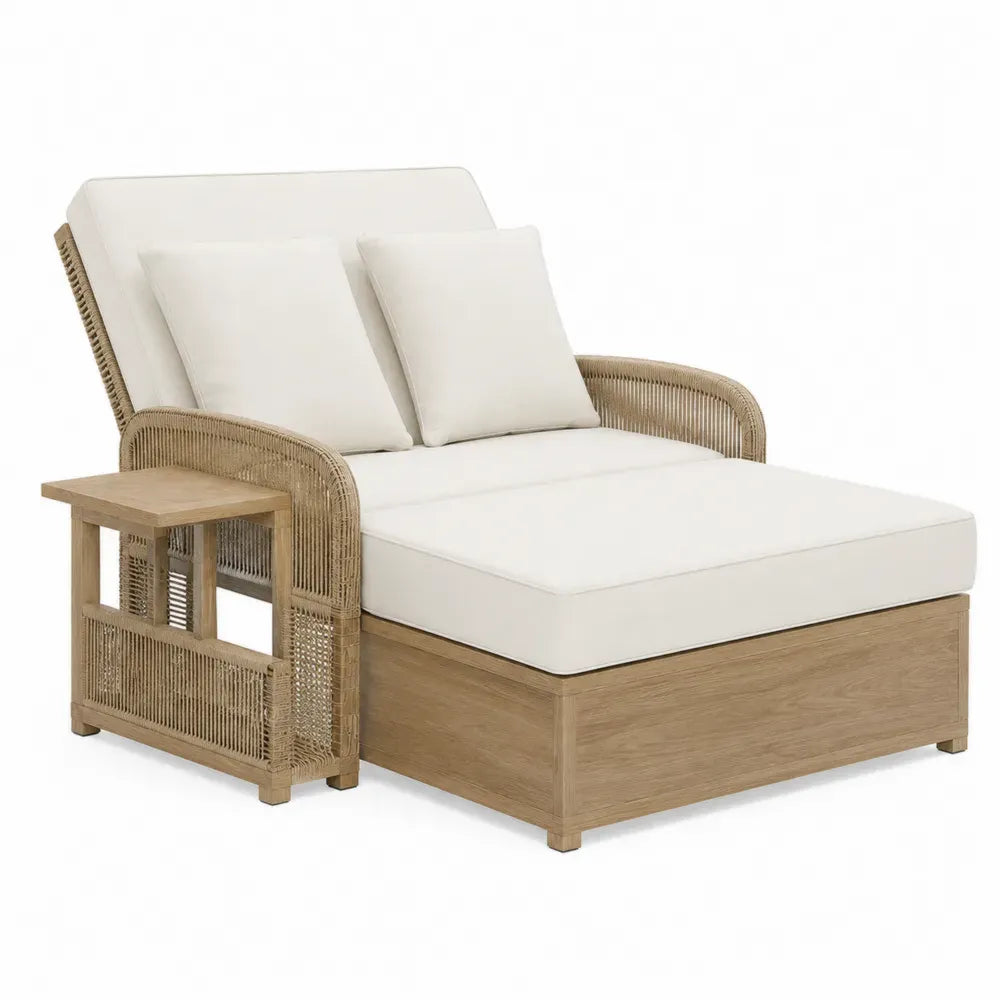 Cama de día de exterior con mesa lateral integrada ratán sintético beige y madera natural