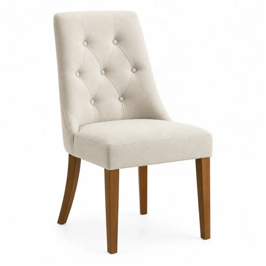 Silla de comedor tapizada en tela beige con respaldo alto capitoné y patas de madera de caucho natural 50 x 55 x 85 cm