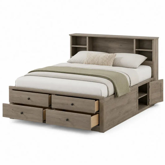 Cama rectangular con almacenaje cabecero con estanterías cajones MDF roble grisáceo 140 x 200 cm