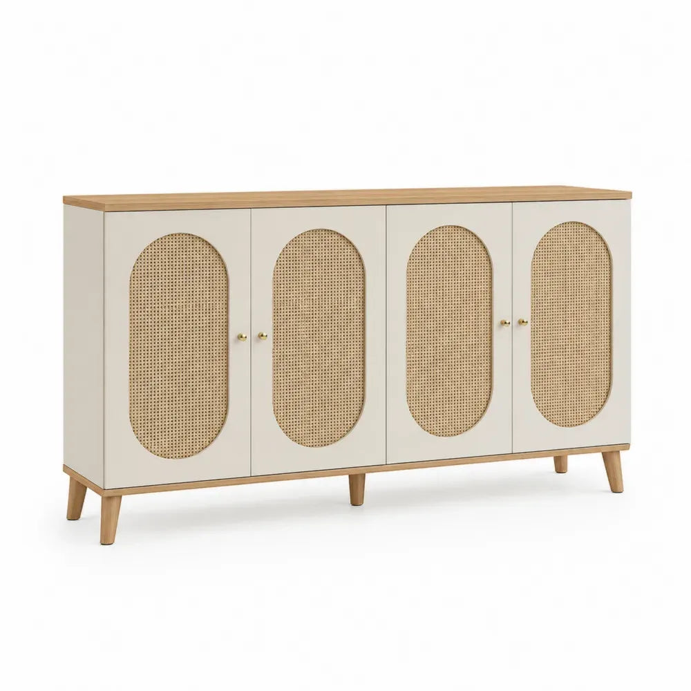 Aparador de comedor de MDF beige y madera clara con 4 puertas de ratán natural 160 x 40 x 80 cm