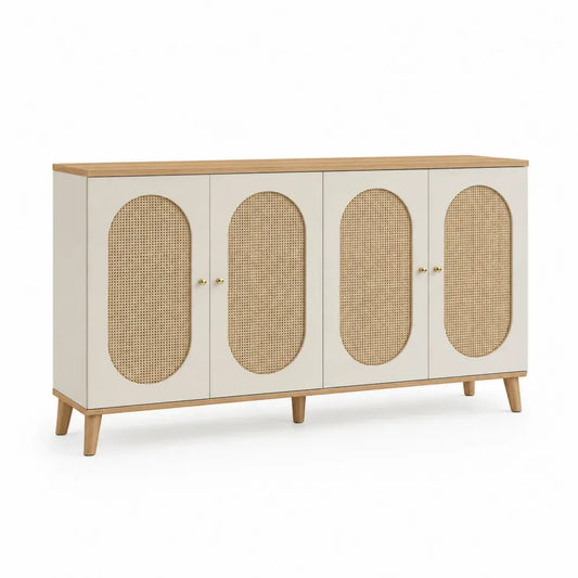 Aparador de comedor de MDF beige y madera clara con 4 puertas de ratán natural 160 x 40 x 80 cm