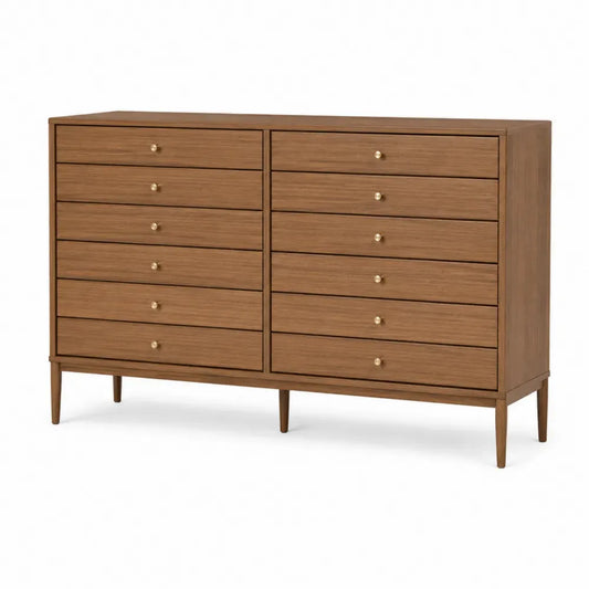 Cómoda de dormitorio de madera ingeniería chapado nogal 10 cajones estructura horizontal 160 cm x 40 cm x 80 cm color nogal marrón