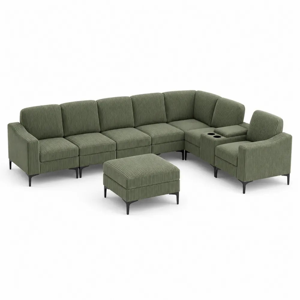 Sofá modular en L con chaise longue y otomana tejido de poliéster verde oliva estructura metálica 270 x 170 x 85 cm