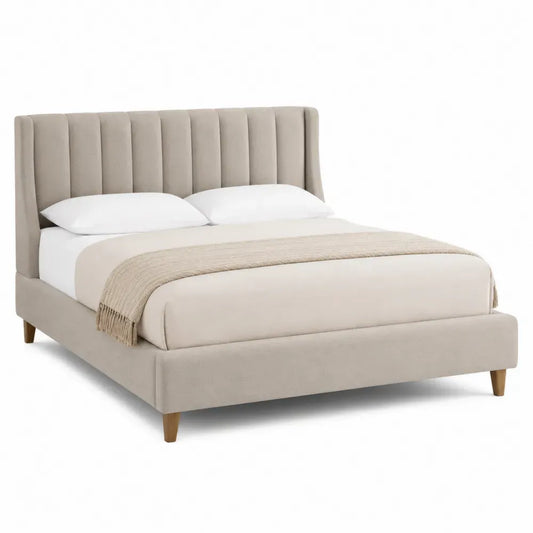 Cama tapizada rectangular con cabecero de paneles verticales tejido de poliéster beige madera y metal 160 x 200 cm
