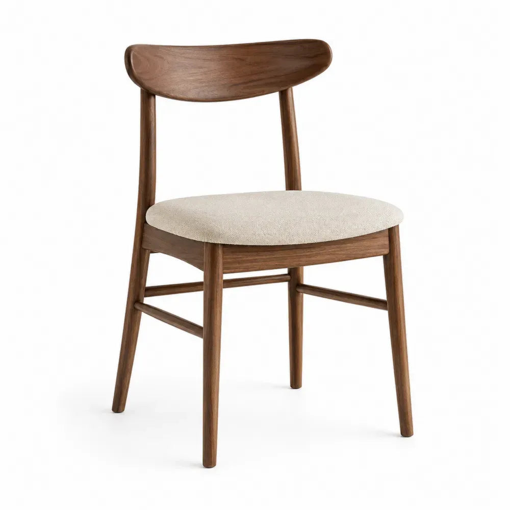 Silla de comedor con asiento tapizado beige respaldo curvado de madera maciza de caucho marrón 50 x 55 x 85 cm