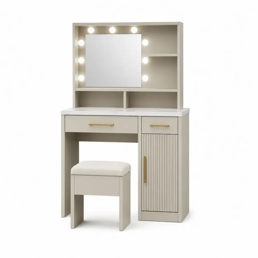 Tocador de maquillaje con espejo LED madera ingeniería beige blanco 80 cm x 40 cm x 140 cm con taburete cajones y armario lateral