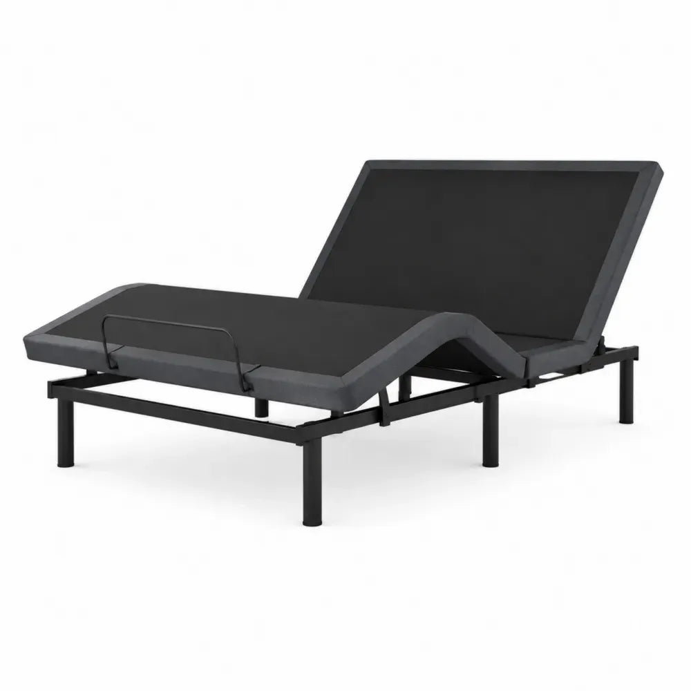 Cama articulada ajustable de metal con tapizado textil gris estructura negra somier regulable eléctrica o manual diseño 90x200 cm aproximado