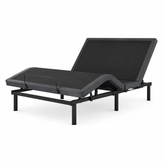Cama articulada ajustable de metal con tapizado textil gris estructura negra somier regulable eléctrica o manual diseño 90x200 cm aproximado