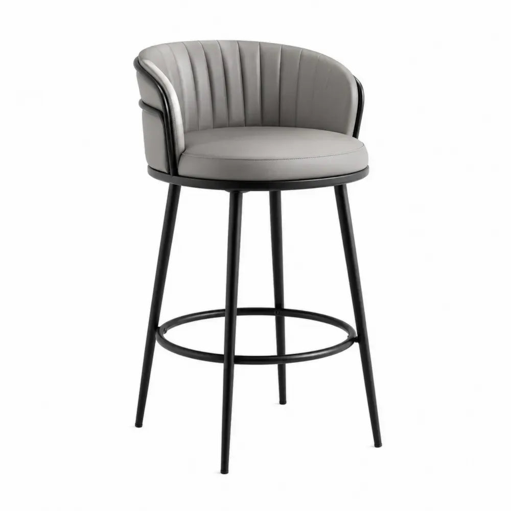 Taburete de bar tapizado en PU gris con respaldo semicircular y estructura de acero negro 50 x 52 x 95 cm