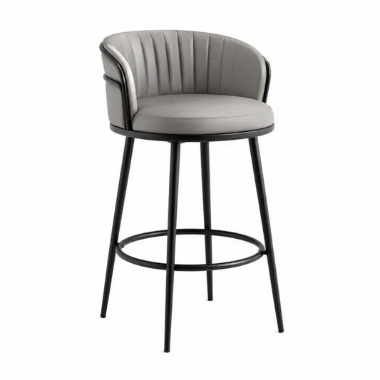 Taburete de bar tapizado en PU gris con respaldo semicircular y estructura de acero negro 50 x 52 x 95 cm