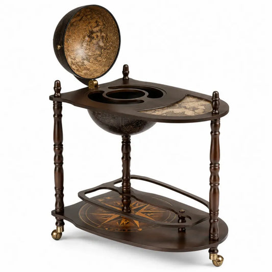 Carrito de bar con globo terráqueo madera ingeniería marrón oscuro dorado 60 cm x 45 cm x 85 cm con ruedas giratorias